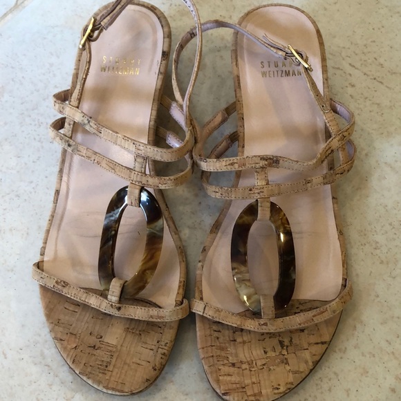 Stuart Weitzman Cork wedge, leather, tortoise shell inspired Oval detail